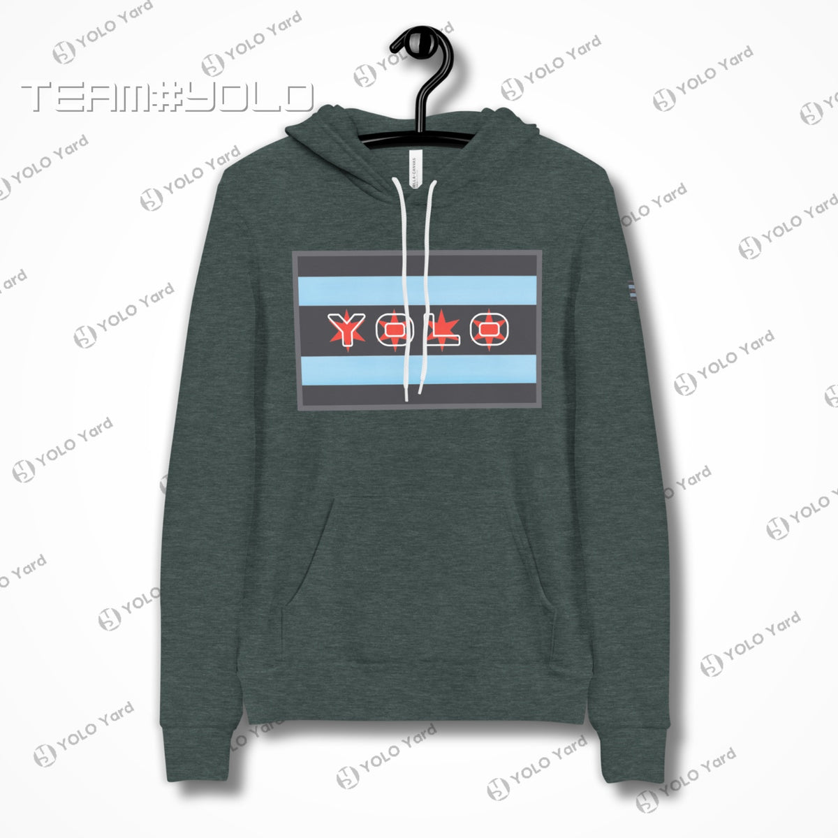 Forest green pullover hoodie on a hanger, highlighting the YOLO-Chicago Flag design with Chicago flag stripes and YOLO branding. Cozy and stylish.