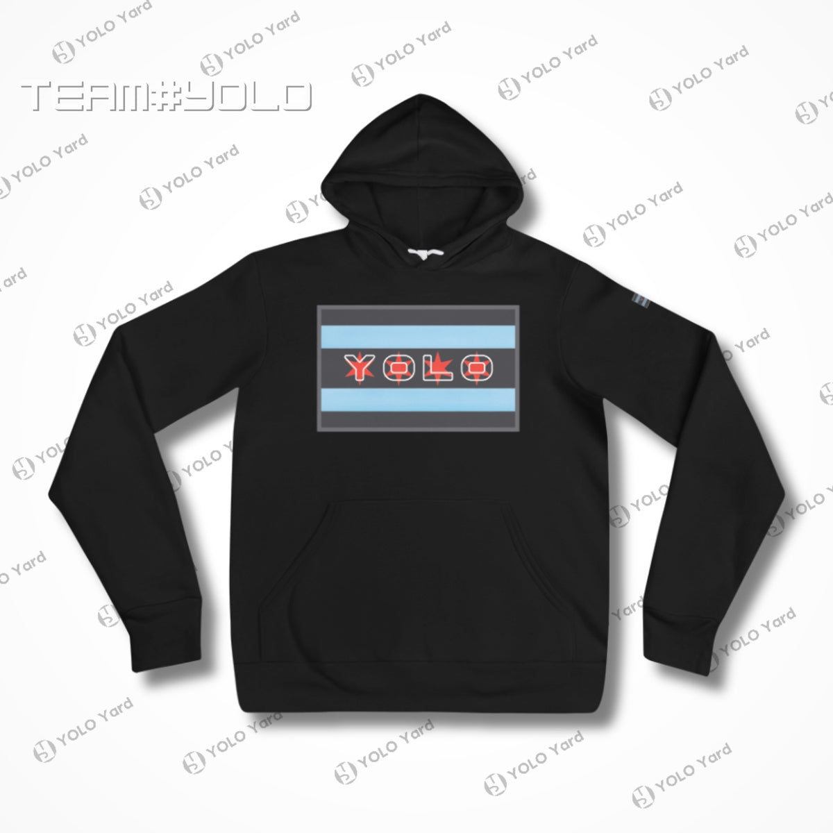 Black pullover hoodie with YOLO-Chicago Flag design, featuring Chicago flag stripes and YOLO branding. Durable and fashionable activewear.