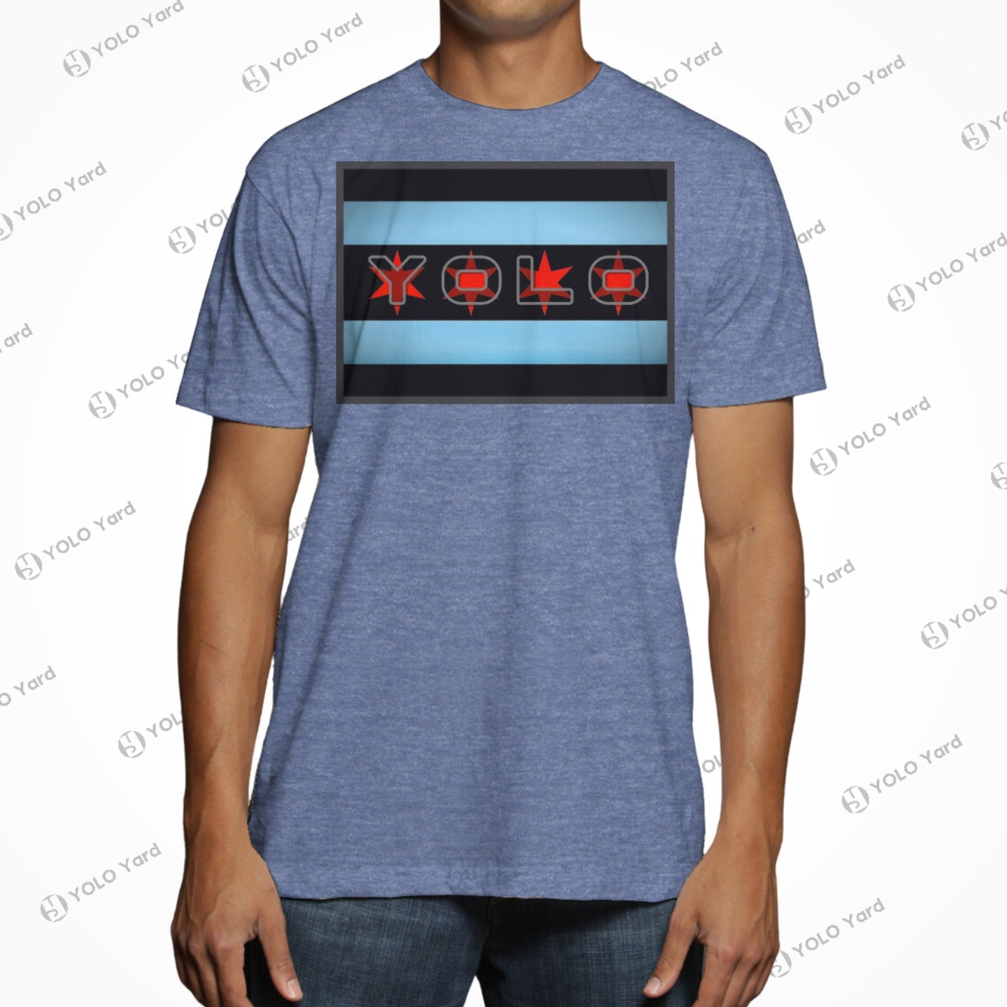 Team #YOLO-Chicago Flag Ultra-Soft Tri-Blend Unisex Athletic Tee Shirt in heather blue with bold YOLO flag design on the front. Modern fit for activewear.