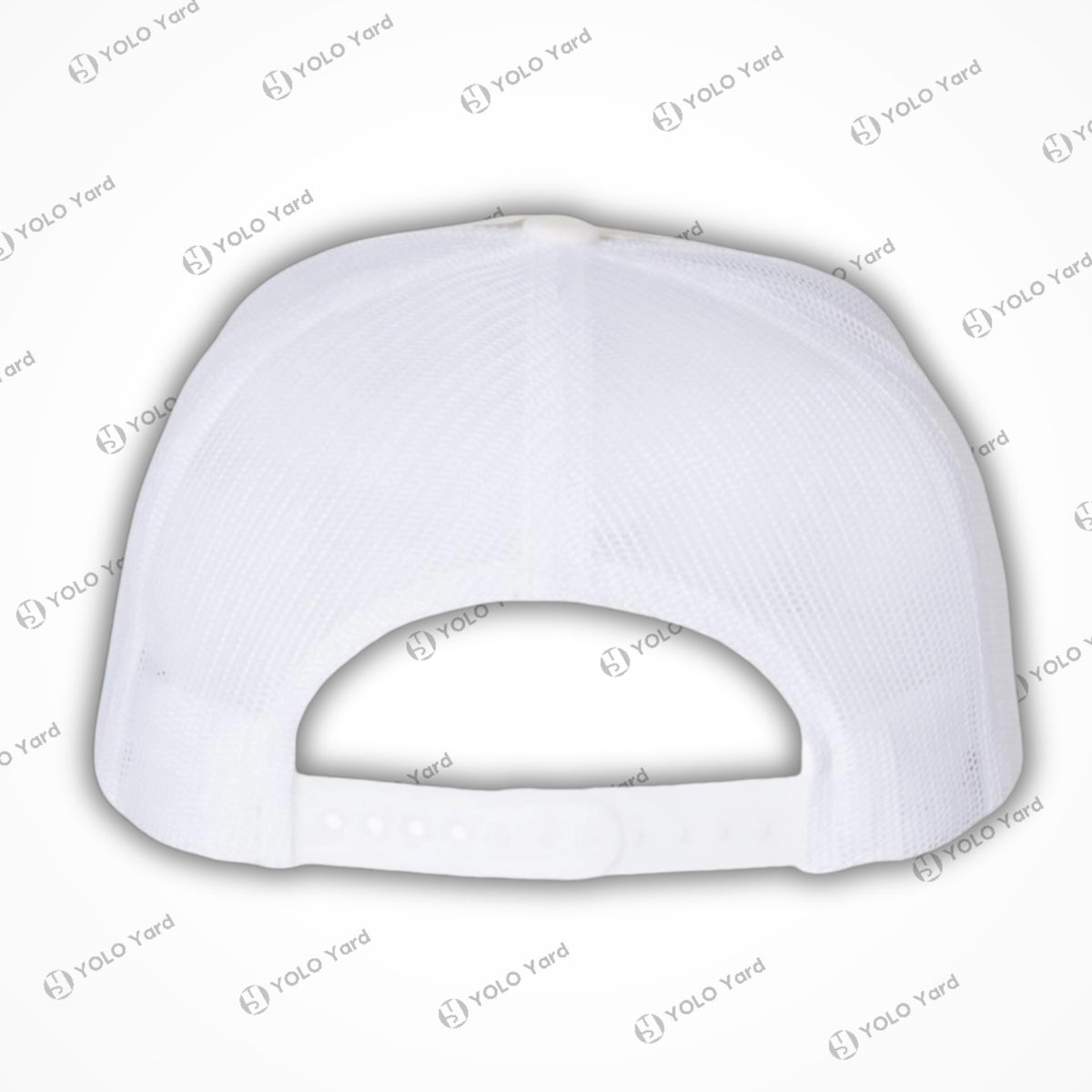 Back view of the Alpine White Multi-Camo Trucker Hat highlighting the adjustable snapback closure and breathable mesh material.