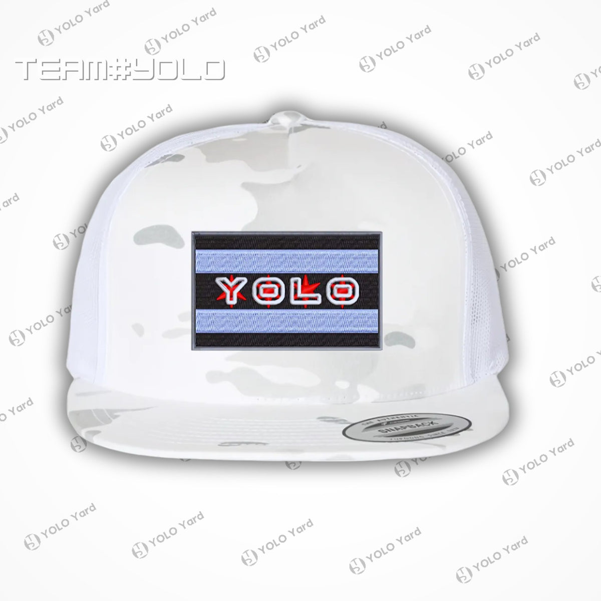 Front view of the YOLO-Chicago Flag Multi-Camo Alpine White Trucker Hat with bold YOLO embroidery and structured design.