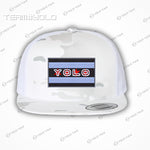 Front view of the YOLO-Chicago Flag Multi-Camo Alpine White Trucker Hat with bold YOLO embroidery and structured design.