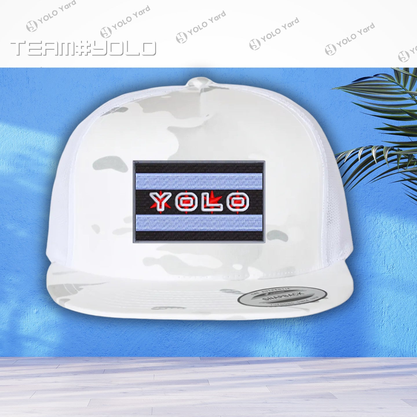 Front view of the YOLO-Chicago Flag Multi-Camo Alpine White Trucker Hat with embroidered YOLO logo and structured snapback design.