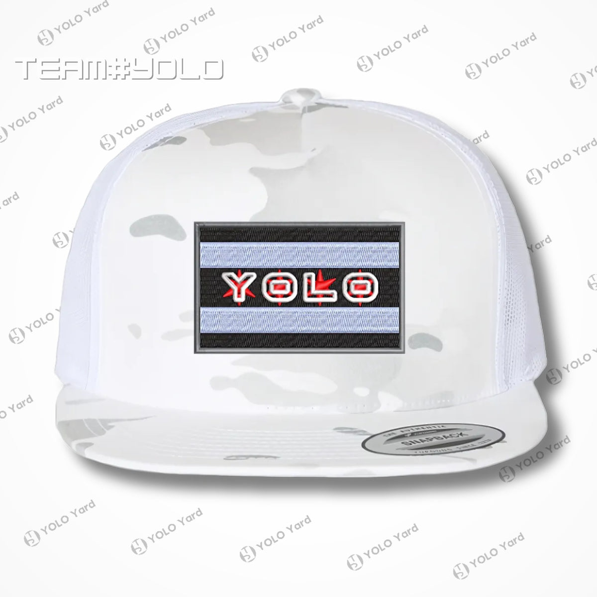 Alpine White Multi-Camo Trucker Hat featuring YOLO-Chicago Flag embroidery on the front panel. Structured snapback design with bold style.