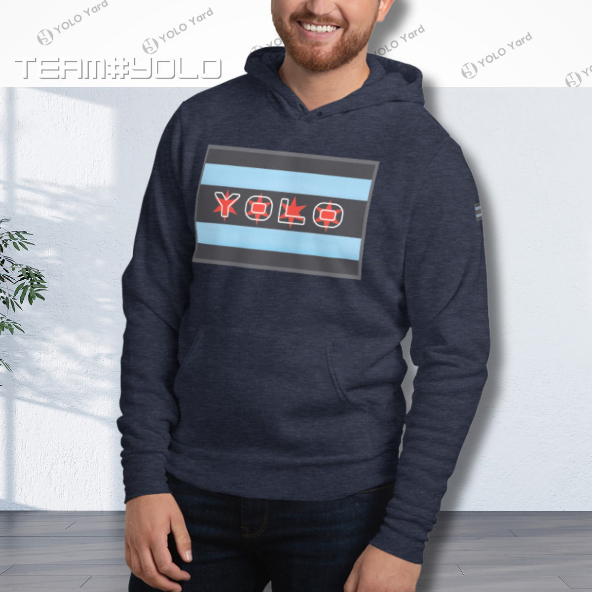 Navy blue pullover hoodie modeled by a man, featuring the YOLO-Chicago Flag design with Chicago flag stripes and YOLO branding. Warm and trendy.