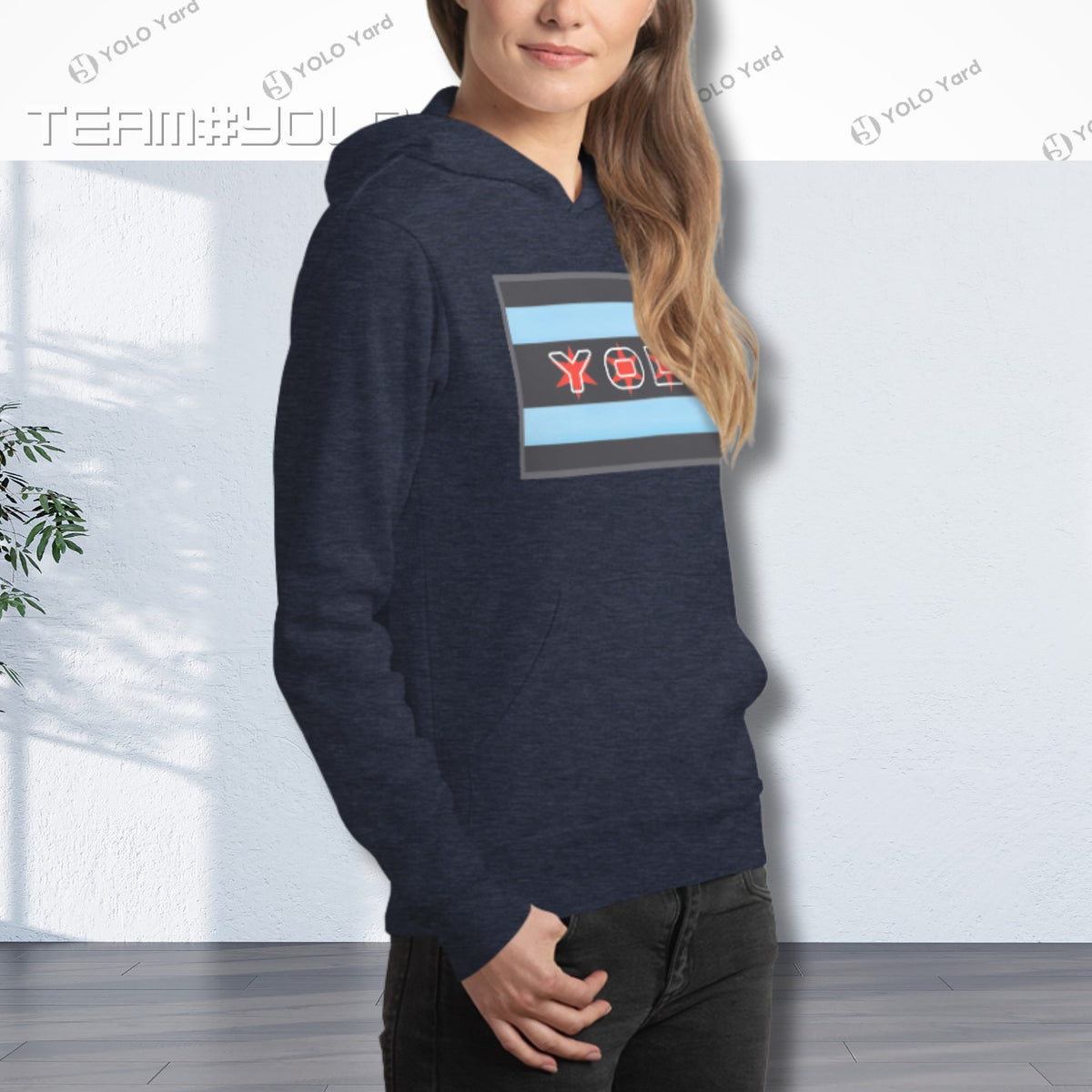 Navy blue pullover hoodie featuring the YOLO-Chicago Flag design with Chicago flag stripes and YOLO branding. Trendy unisex activewear.