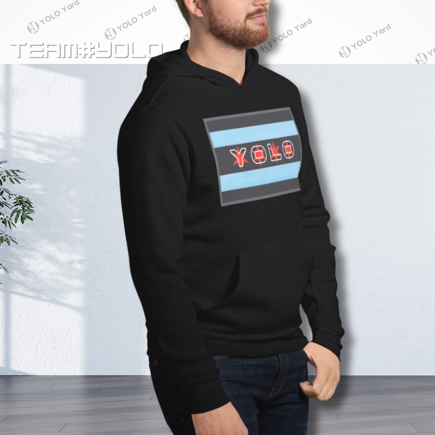 Black pullover hoodie with YOLO-Chicago Flag design, showcasing Chicago flag stripes and YOLO branding. Stylish and comfortable activewear.