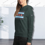 Forest green pullover hoodie modeled by a woman, showcasing the YOLO-Chicago Flag design with Chicago flag stripes and YOLO branding. Cozy and stylish.