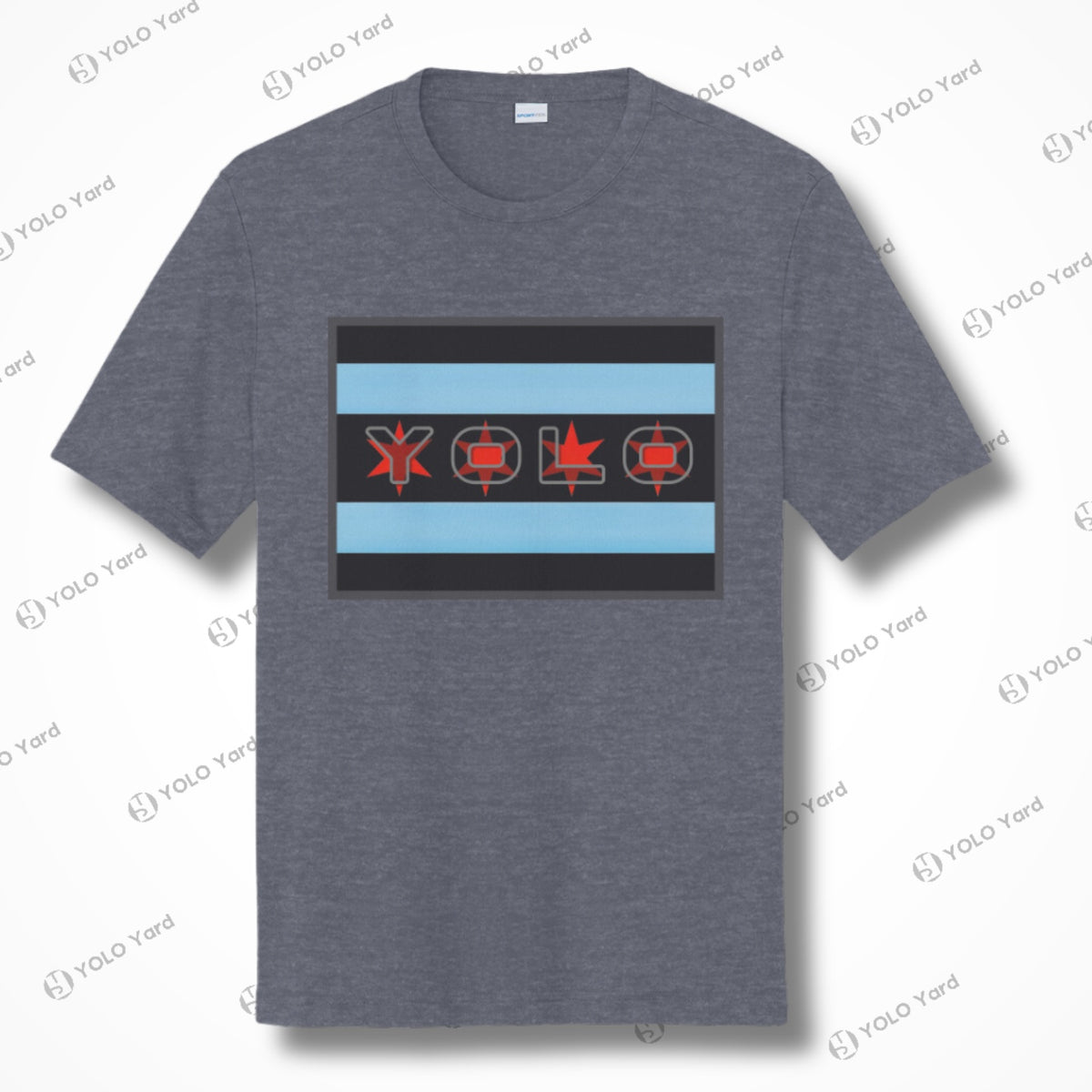 Heather gray short sleeve quick-dry athletic tee showcasing a Chicago flag-inspired YOLO design with red and black details. Durable and versatile.