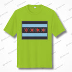 Bright green short sleeve quick-dry athletic tee with a Chicago flag-inspired YOLO design in red and black. Lightweight and stylish activewear.