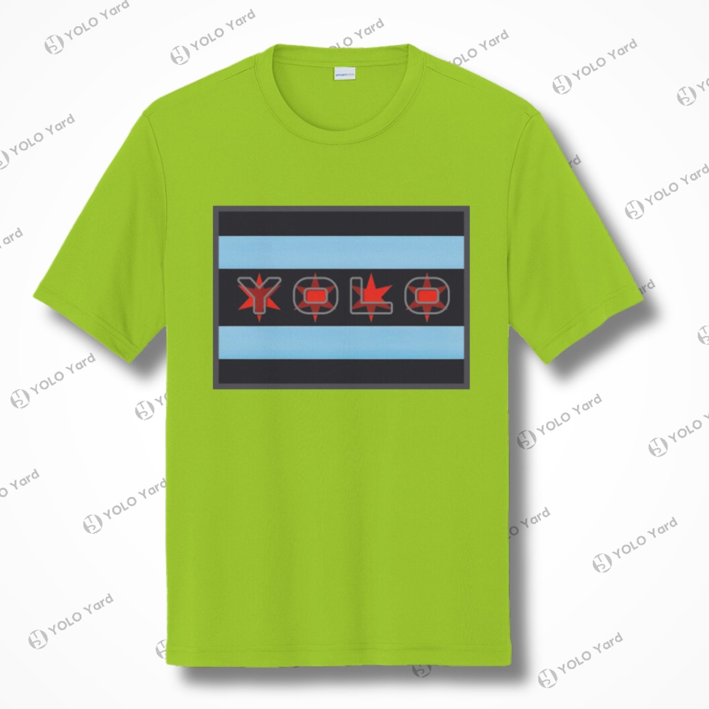 Bright green short sleeve quick-dry athletic tee with a Chicago flag-inspired YOLO design in red and black. Lightweight and stylish activewear.