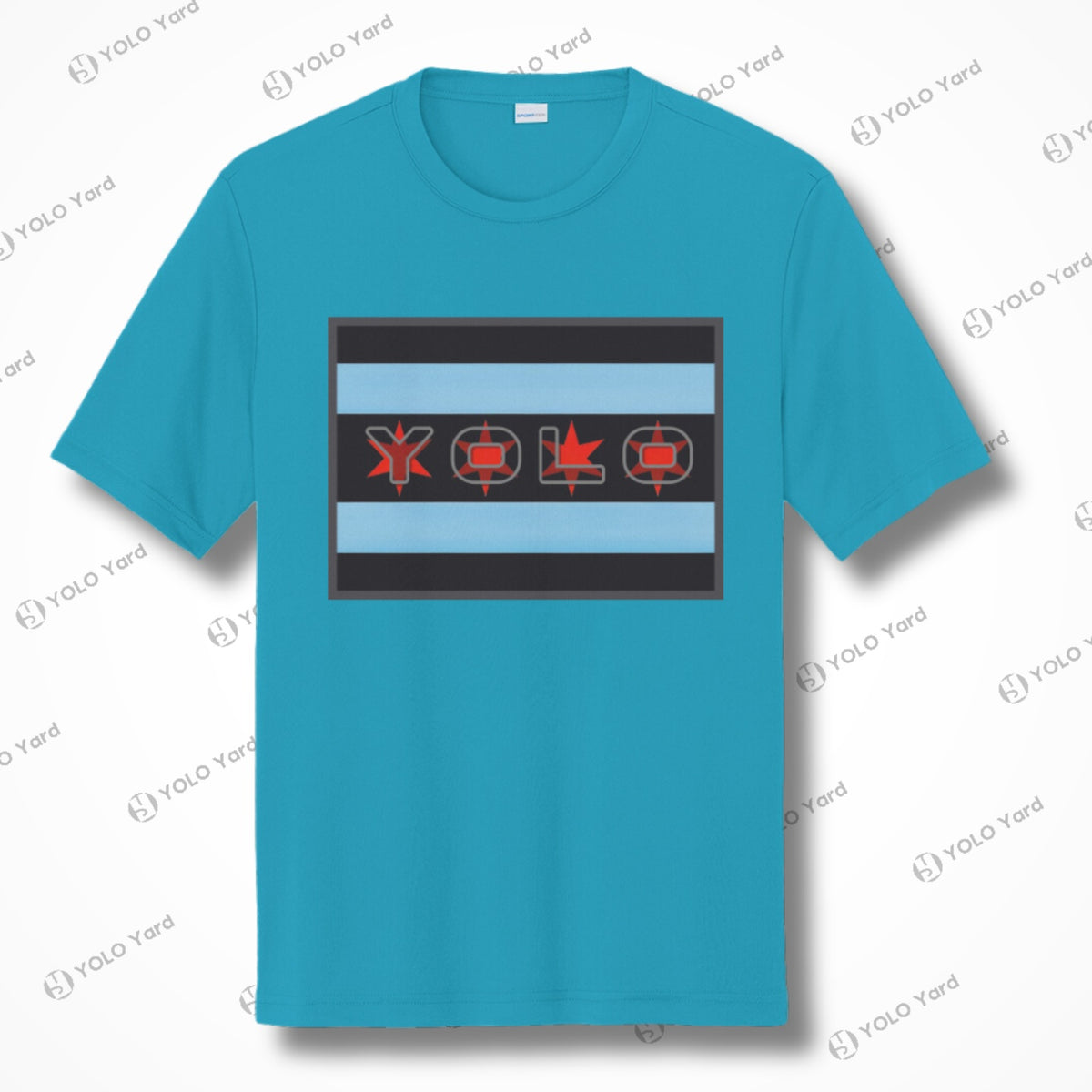 Teal short sleeve quick-dry athletic tee showcasing a Chicago flag-inspired YOLO design with red and black accents. Vibrant and sporty.