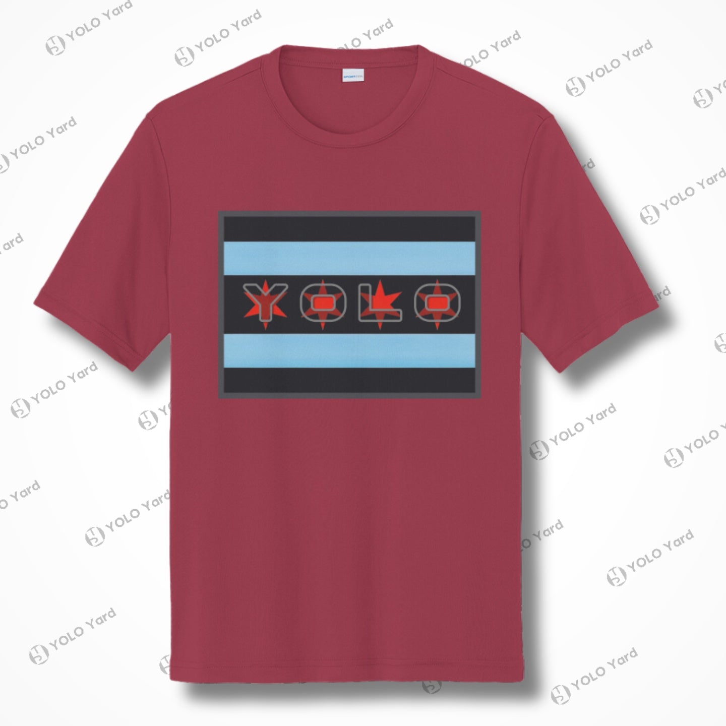 Maroon short sleeve quick-dry athletic tee showcasing a Chicago flag-inspired YOLO design with bold red and black details. Ideal for workouts.