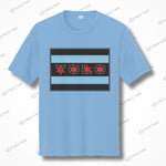 Light blue short sleeve quick-dry athletic tee featuring a Chicago flag-inspired YOLO design with red and black accents. Perfect for activewear.