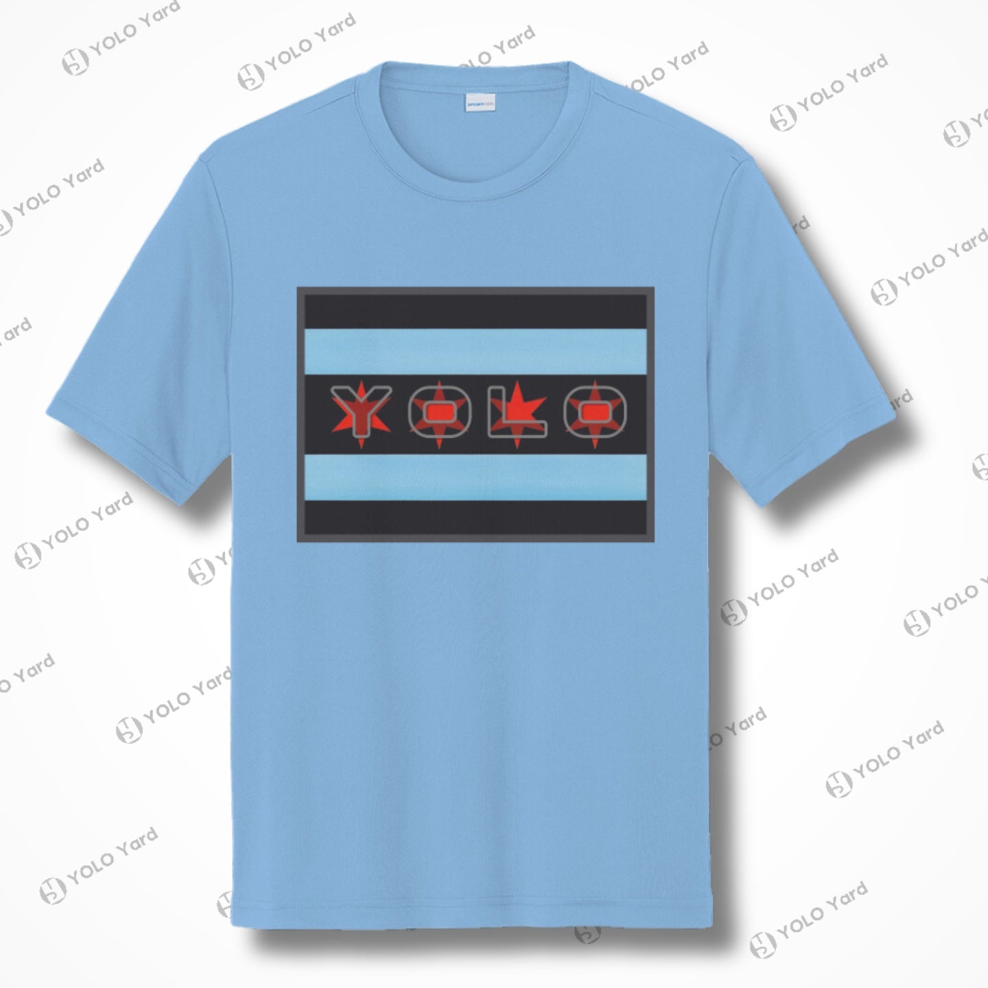 Light blue short sleeve quick-dry athletic tee featuring a Chicago flag-inspired YOLO design with red and black accents. Perfect for activewear.