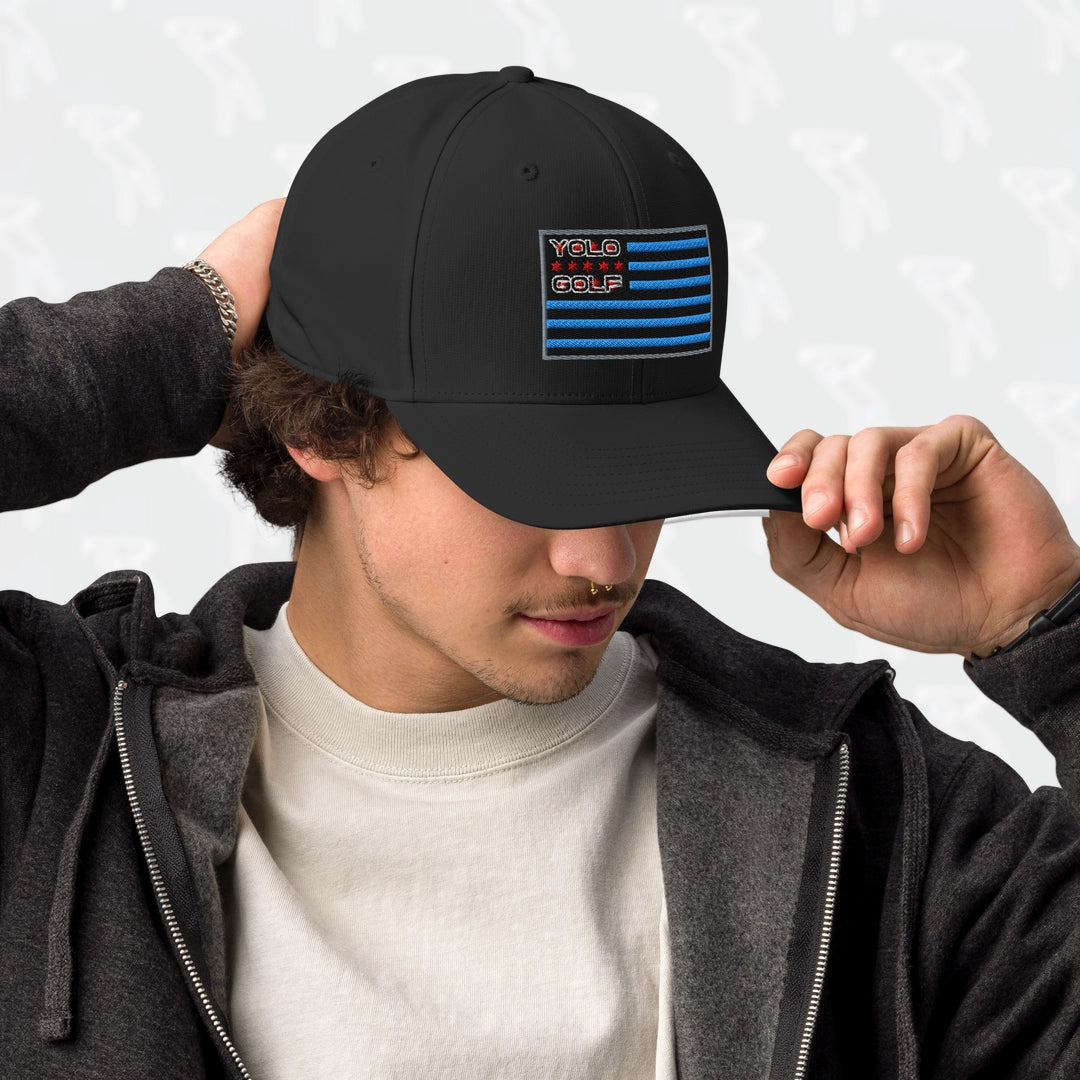 Black YOLO Golf-USA Flag adidas Performance Cap worn by a model, showcasing the embroidered flag design and 