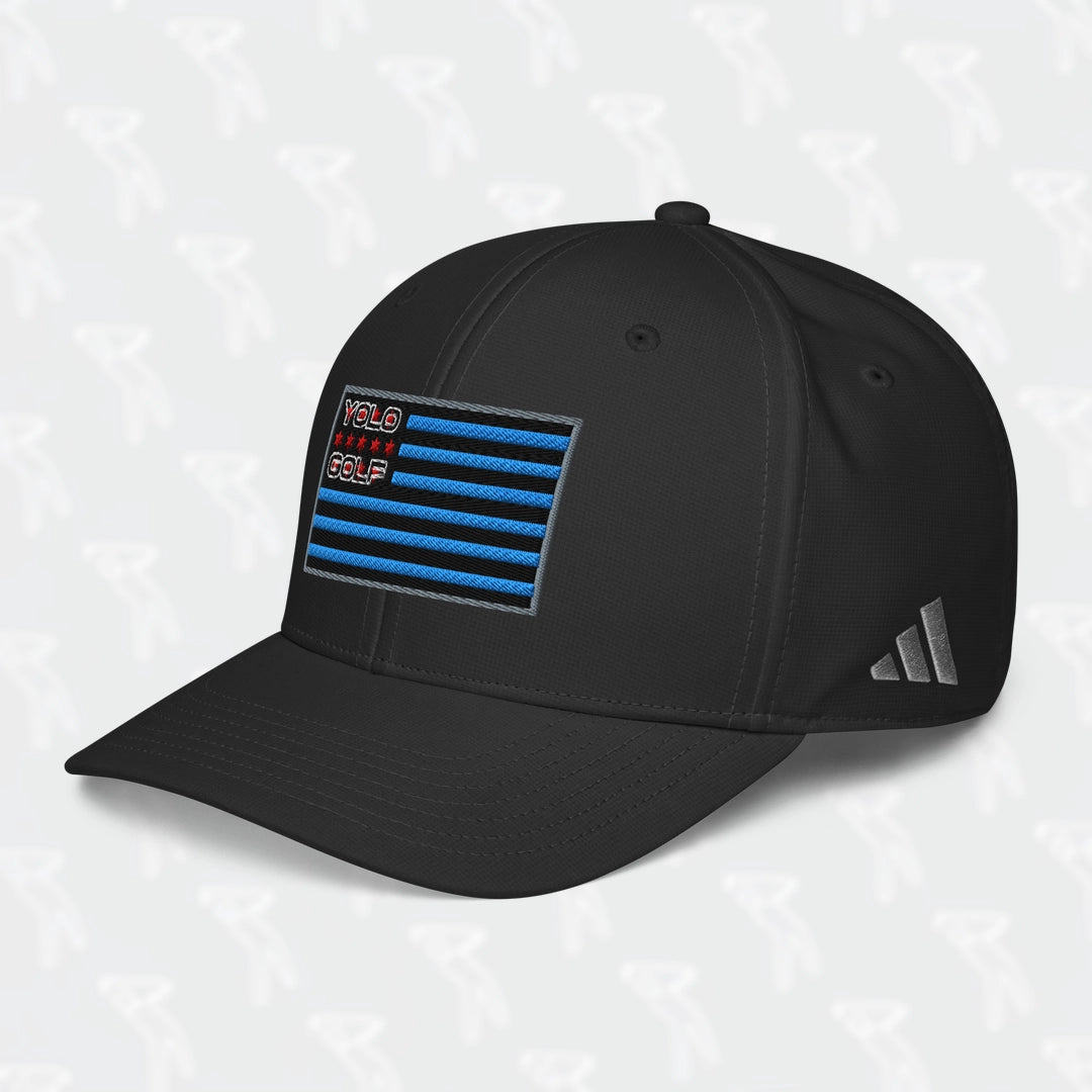 Black YOLO Golf-USA Flag adidas Performance Cap with an embroidered USA-inspired flag design and 