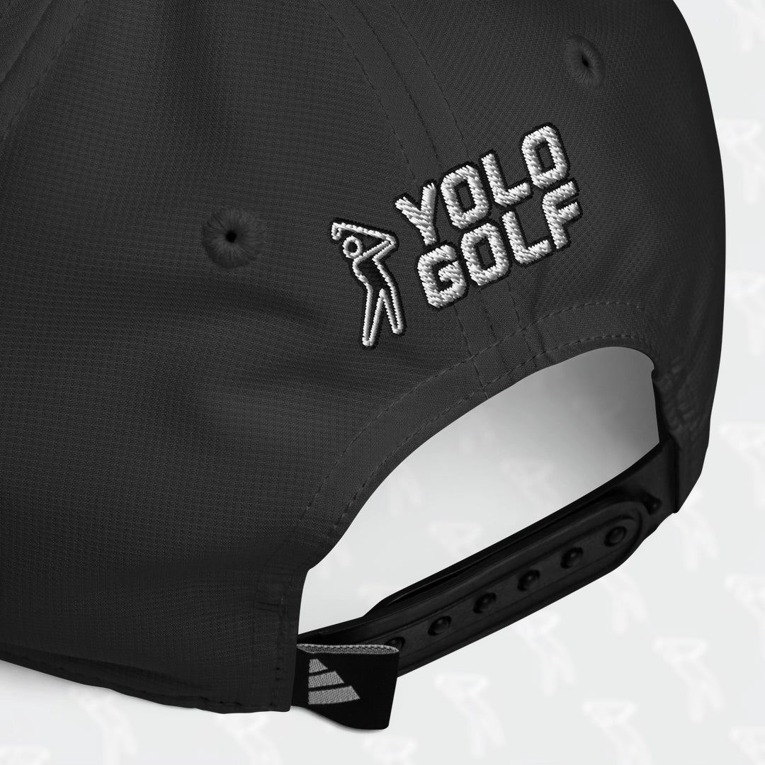 Close-up of the black YOLO Golf-USA Flag adidas Performance Cap's back, highlighting the 