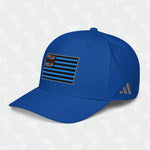 Blue YOLO Golf-USA Flag adidas Performance Cap with an embroidered USA-inspired flag design and 