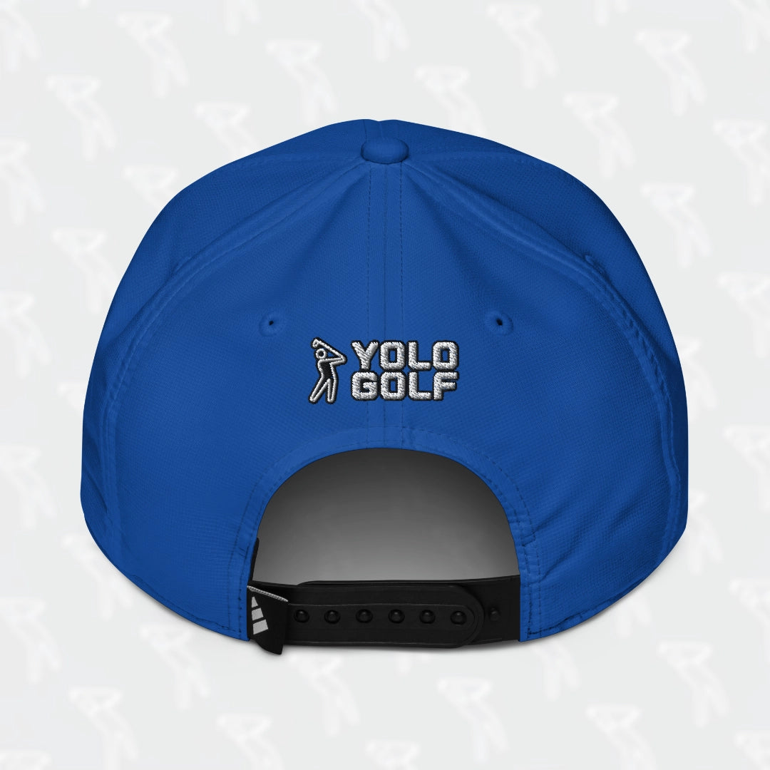 Blue YOLO Golf-USA Flag adidas Performance Cap with an embroidered USA-inspired flag design and 