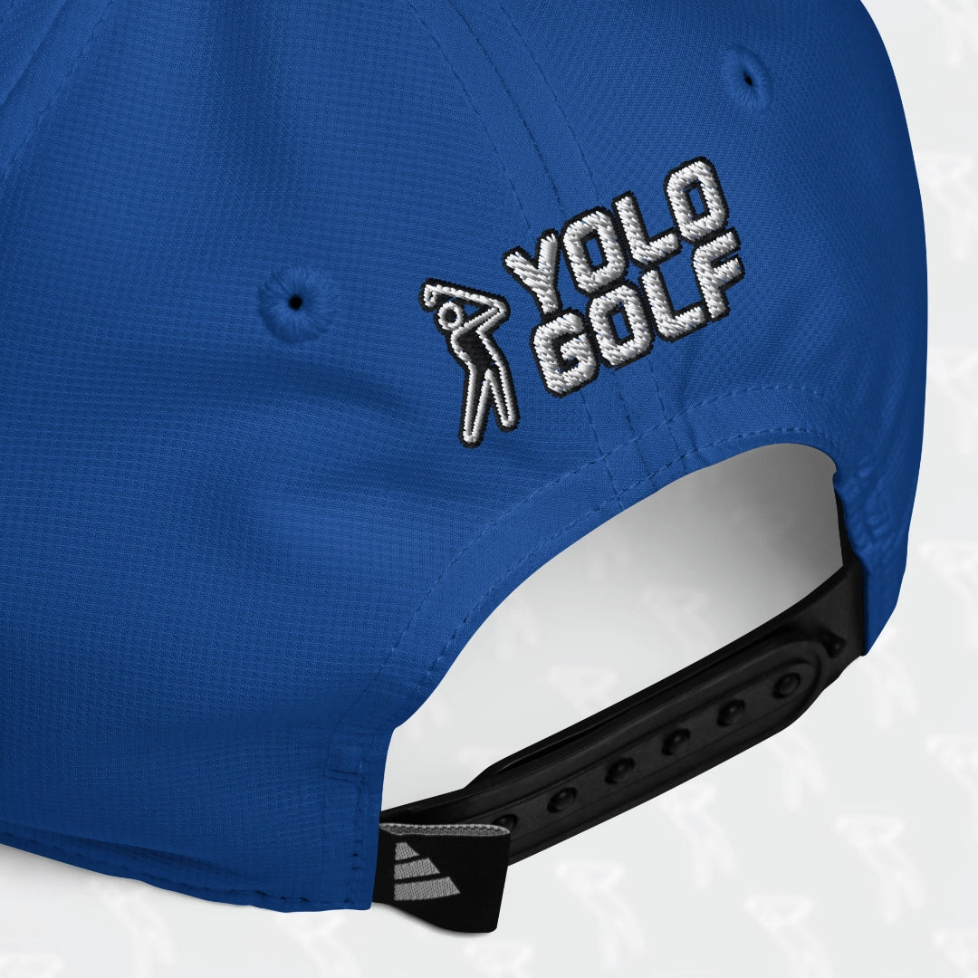 Blue YOLO Golf-USA Flag adidas Performance Cap with an embroidered USA-inspired flag design and 