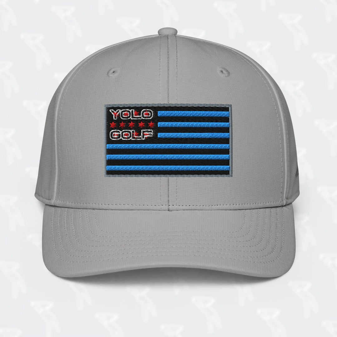 Gray YOLO Golf-USA Flag adidas Performance Cap featuring an embroidered USA-inspired flag design and 