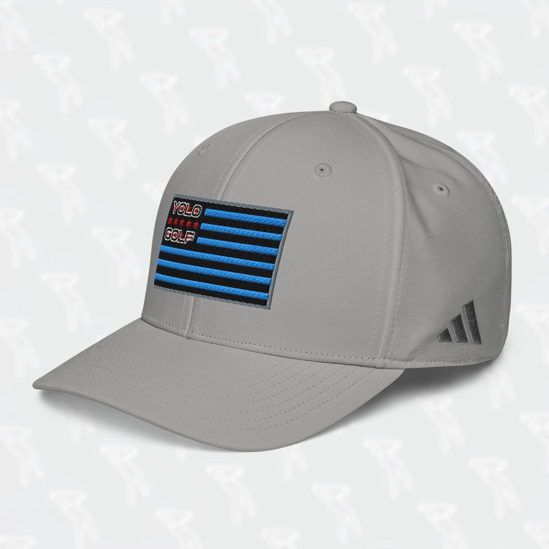 Gray YOLO Golf-USA Flag adidas Performance Cap featuring an embroidered USA-inspired flag design and 