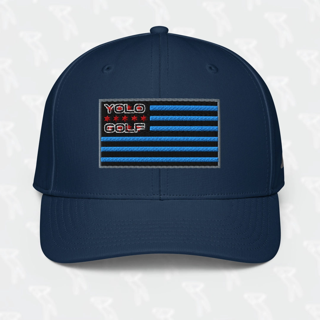 Navy YOLO Golf-USA Flag adidas Performance Cap with an embroidered USA-inspired flag design and 