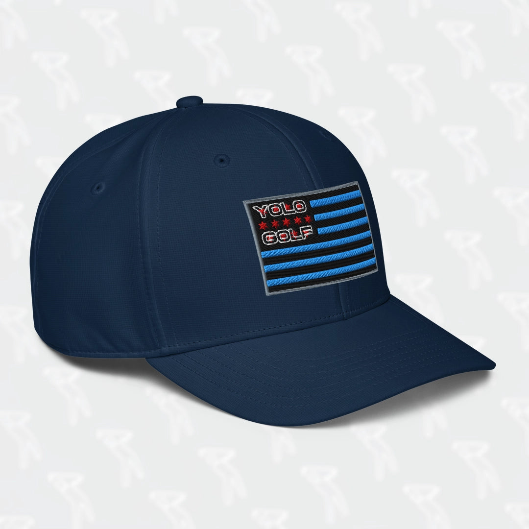 Navy YOLO Golf-USA Flag adidas Performance Cap with an embroidered USA-inspired flag design and 