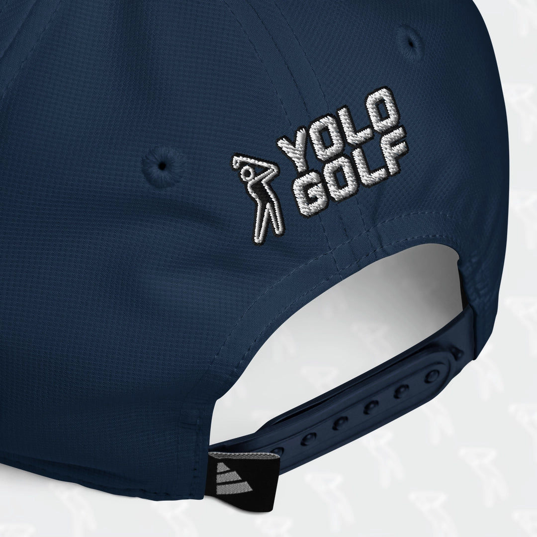 Close-up of the navy YOLO Golf-USA Flag adidas Performance Cap's back, highlighting the 