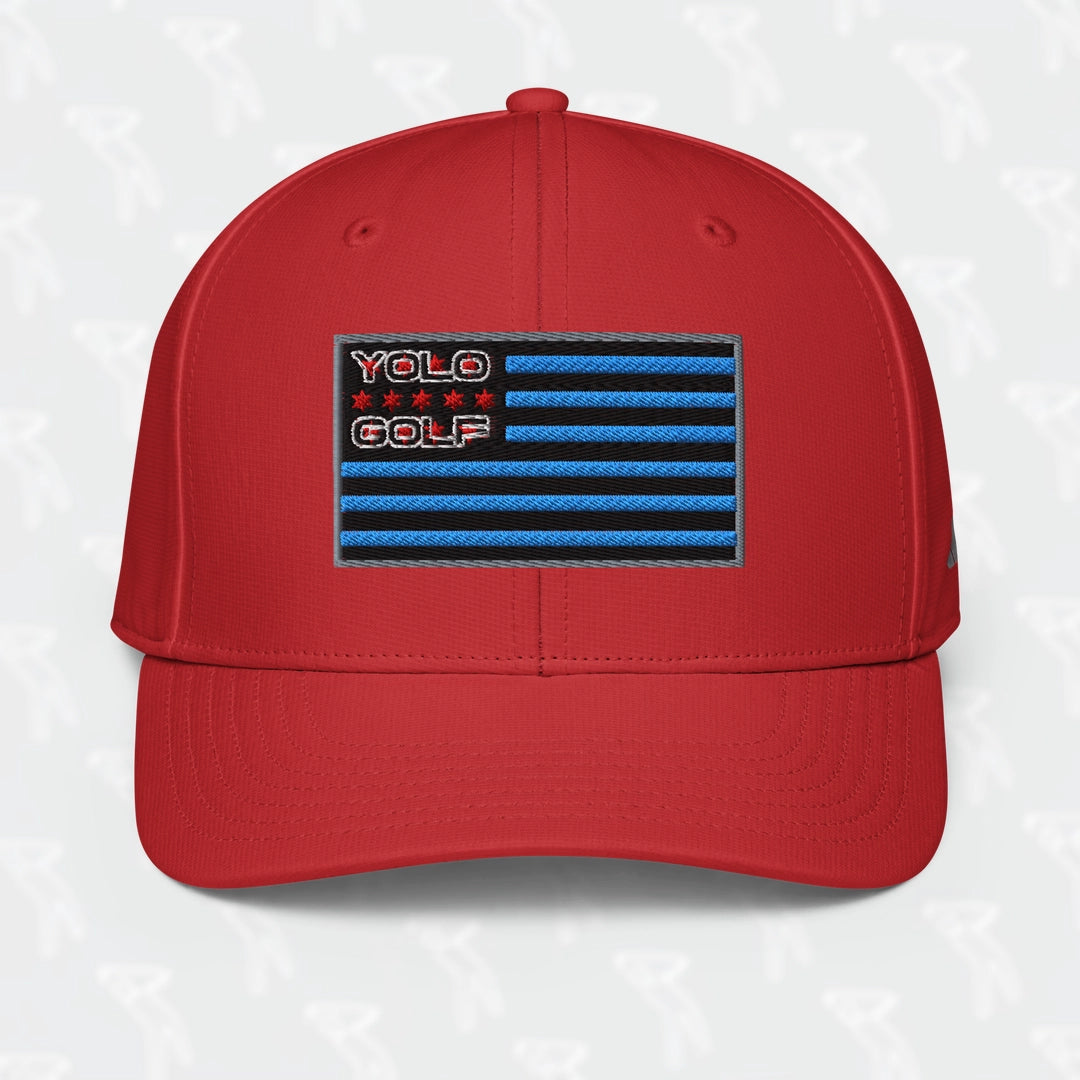 Close-up of the red YOLO Golf-USA Flag adidas Performance Cap's back, showcasing the 