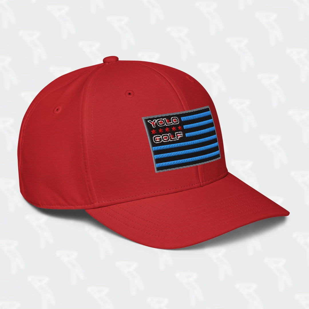 Close-up of the red YOLO Golf-USA Flag adidas Performance Cap's back, showcasing the 