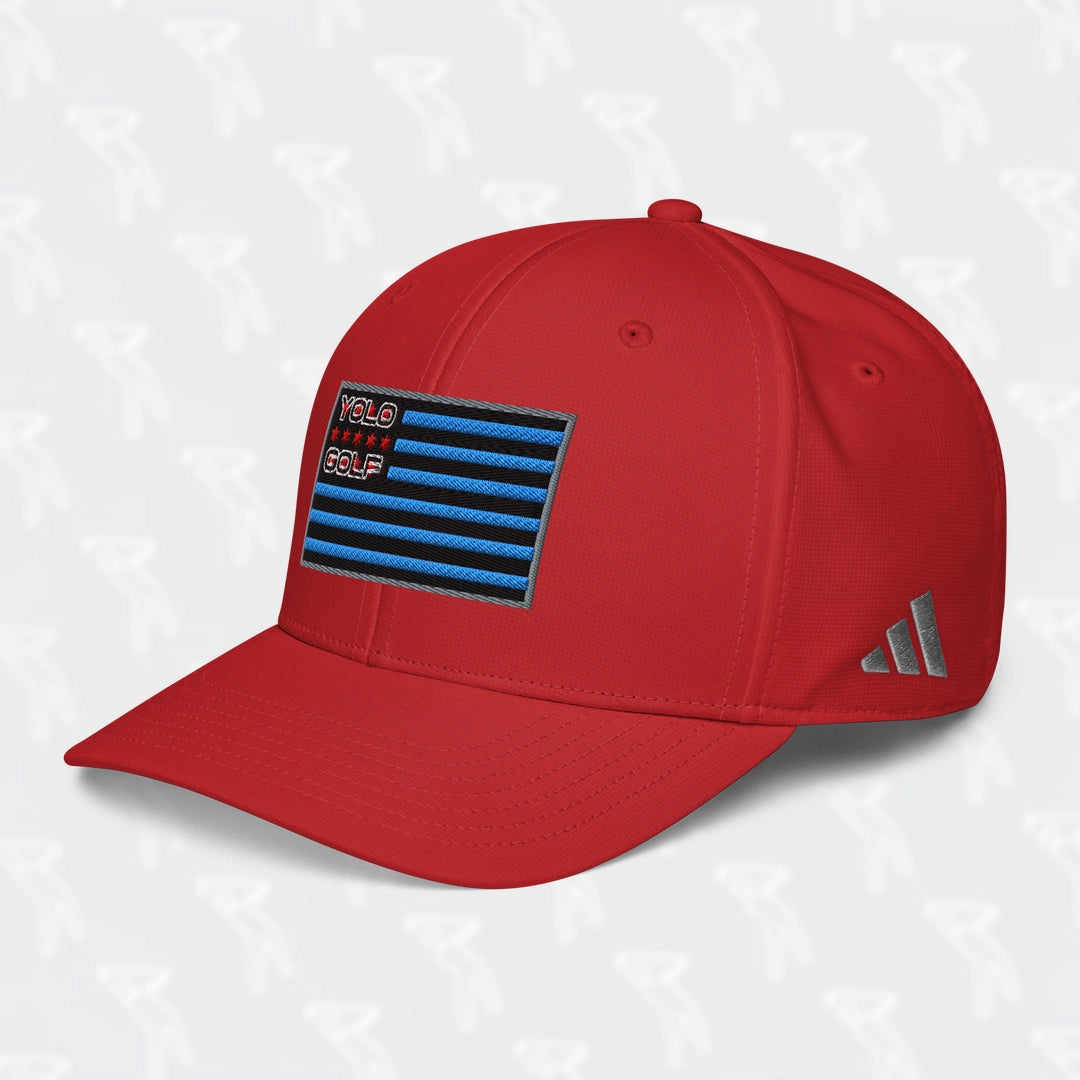 Red YOLO Golf-USA Flag adidas Performance Cap featuring an embroidered USA-inspired flag design with 