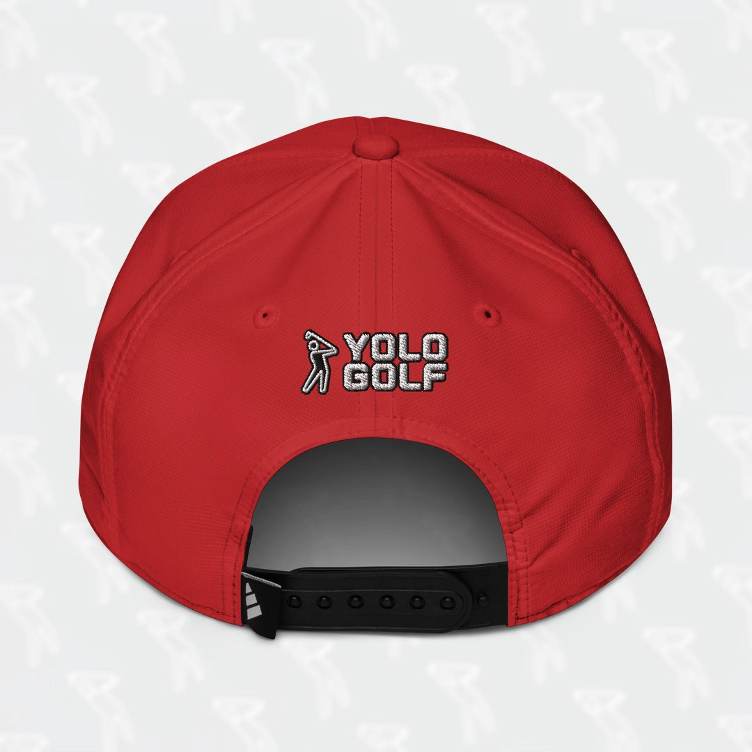 Close-up of the red YOLO Golf-USA Flag adidas Performance Cap's back, showcasing the 