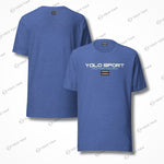 Unisex athletic heather blue t-shirt featuring YOLO Sport logo and Chicago flag-inspired design. Lightweight, breathable, and perfect for active or casual wear.