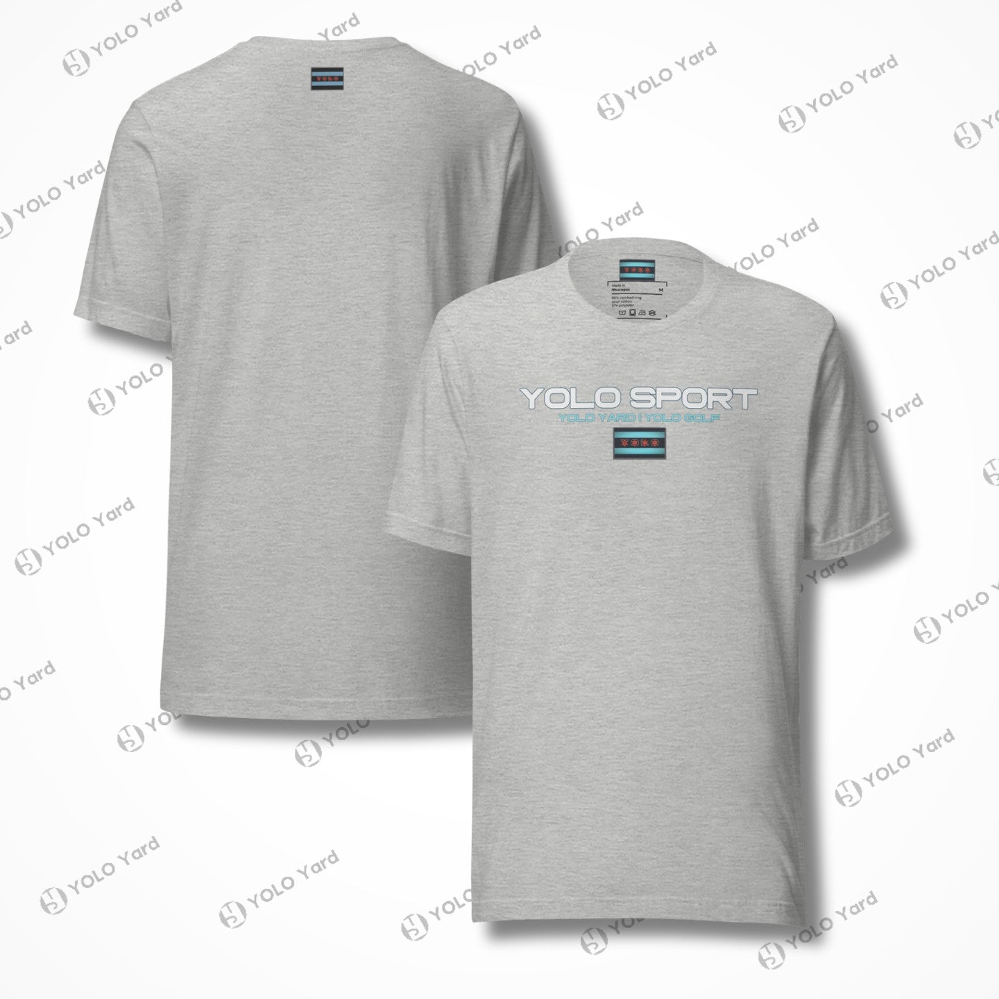 Front and back view of a light gray YOLO Sport unisex t-shirt. Sleek logo design and soft, stretchy material.