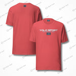 Front and back view of a red YOLO Sport unisex t-shirt. Lightweight and breathable fabric for casual or activewear.