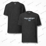 Front and back view of a charcoal gray YOLO Sport unisex t-shirt. Minimalist design with a bold logo and soft fabric.