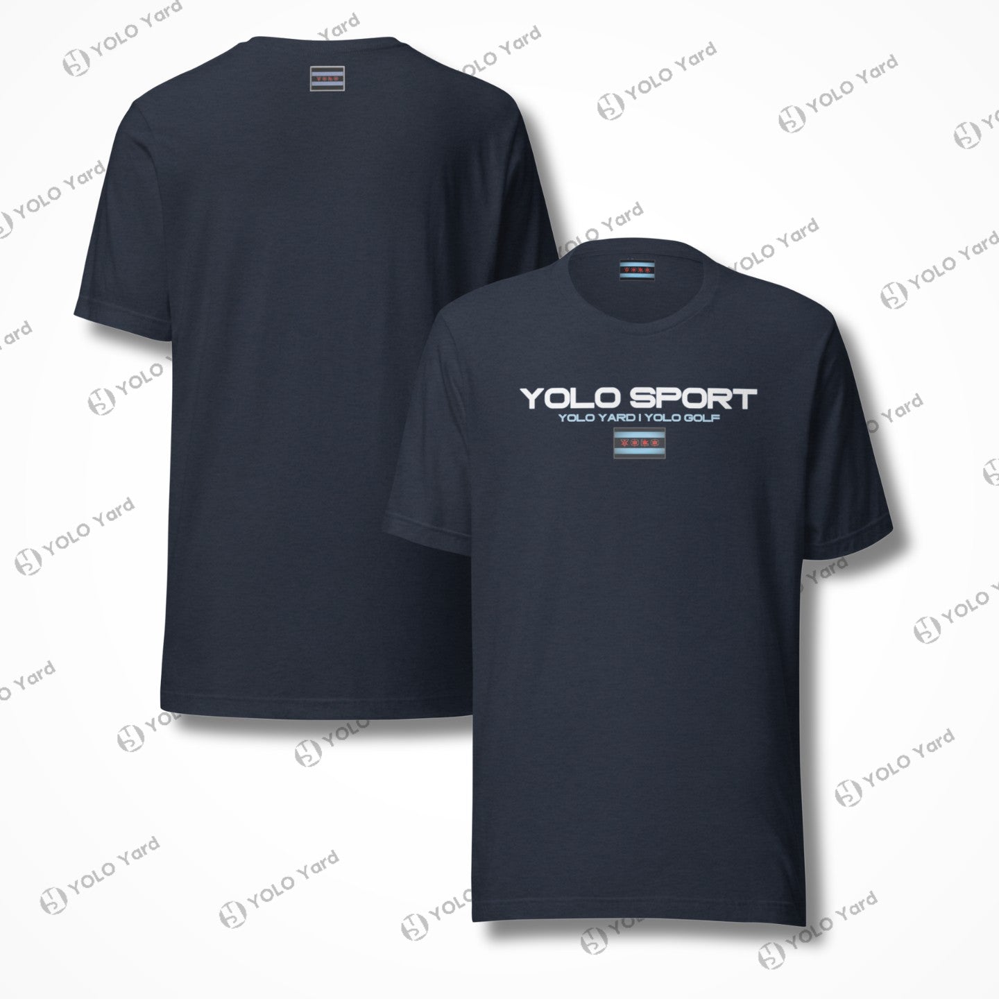 Front and back view of a navy blue YOLO Sport unisex t-shirt. Sleek logo design and lightweight fabric for active or casual wear.