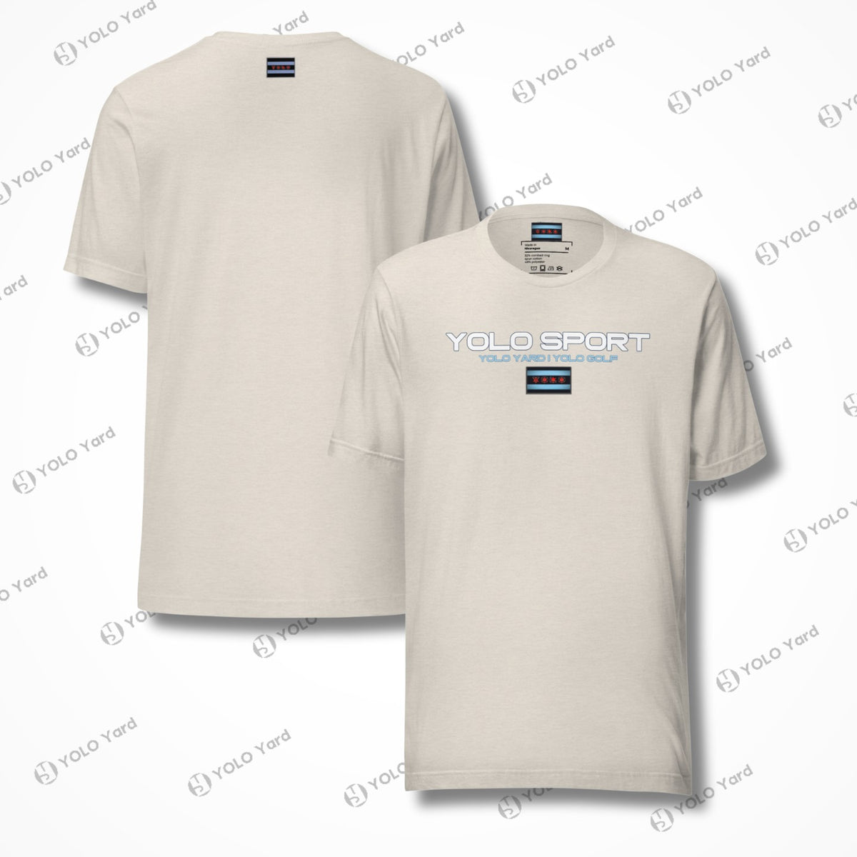 Front and back view of a cream YOLO Sport unisex t-shirt. Minimalist design with a bold logo and lightweight fabric.