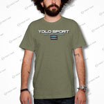 Olive green YOLO Sport unisex t-shirt worn by a man. Lightweight and breathable fabric for athleisure or casual wear.