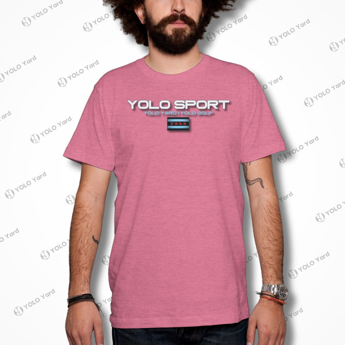 Pink YOLO Sport unisex t-shirt worn by a man. Soft and stretchy material perfect for athleisure or casual wear.