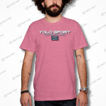 Pink YOLO Sport unisex t-shirt worn by a man. Soft and stretchy material perfect for athleisure or casual wear.