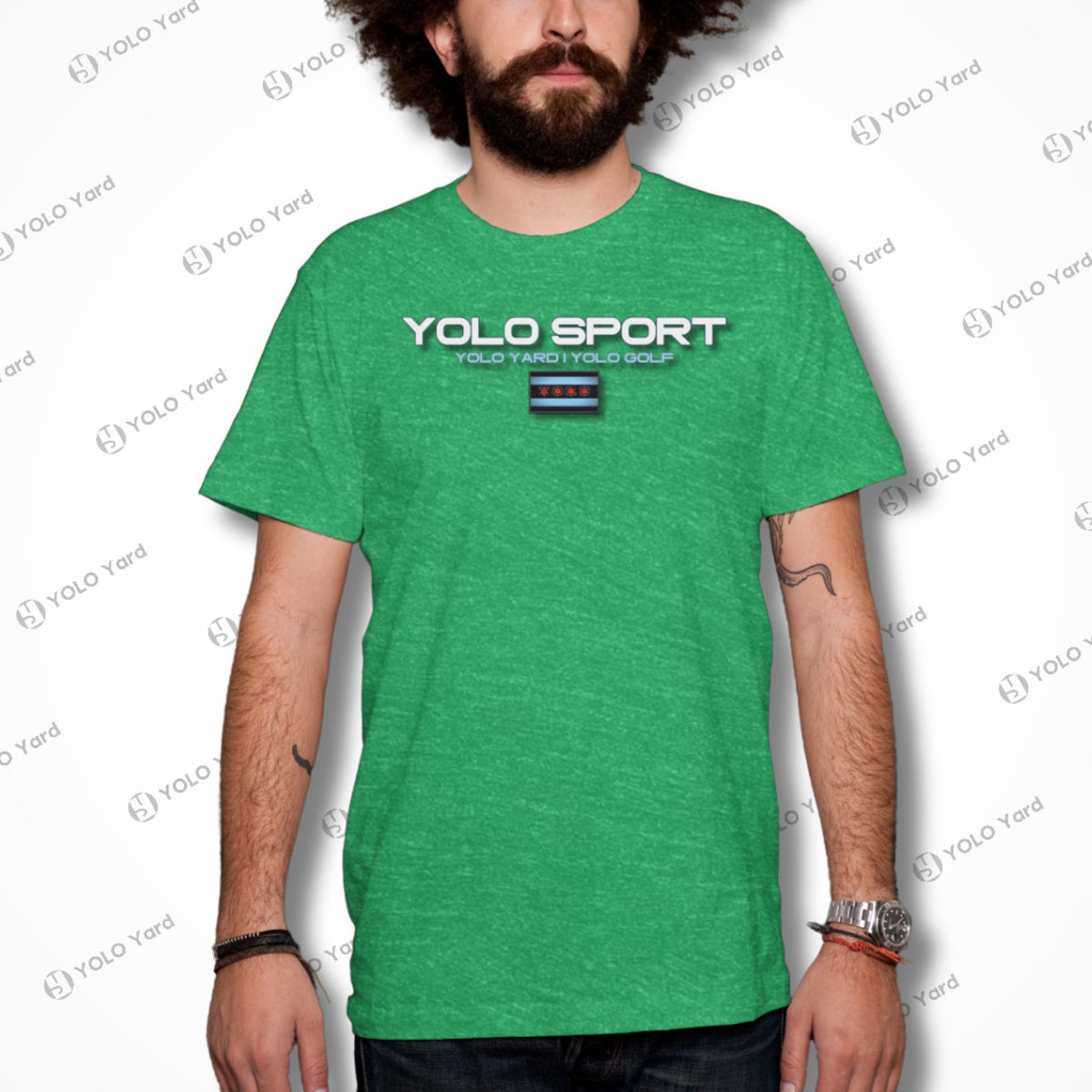 Green YOLO Sport unisex t-shirt worn by a man. Comfortable and versatile design for everyday wear or active use.