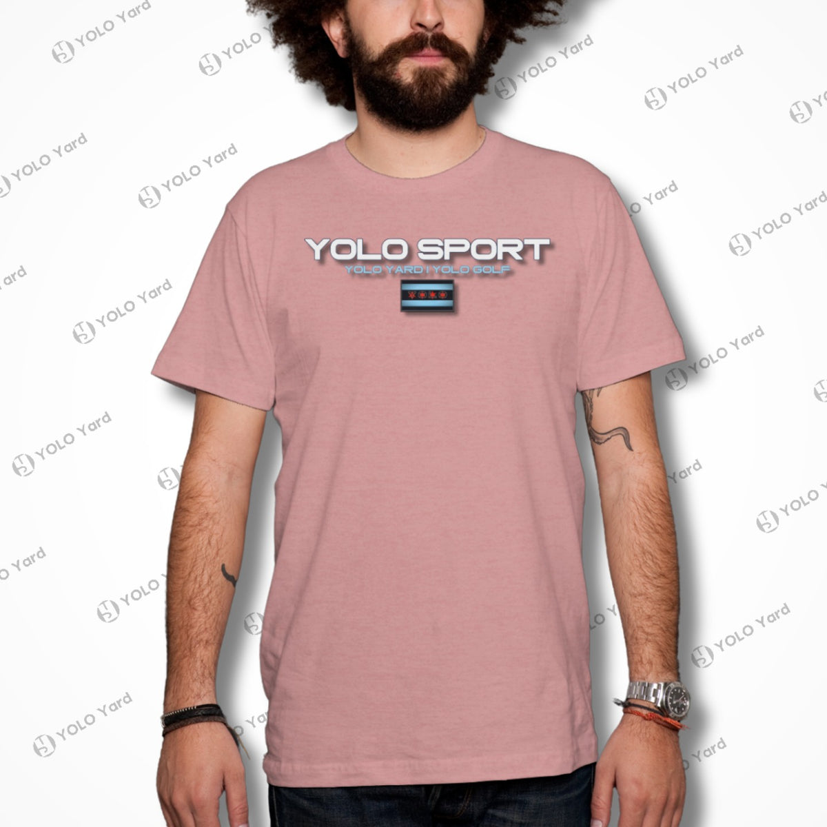 Pink YOLO Sport unisex t-shirt worn by a man. Lightweight and breathable fabric for casual or activewear.