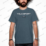 Teal YOLO Sport unisex t-shirt worn by a man. Sleek and comfortable design for everyday wear or active use.