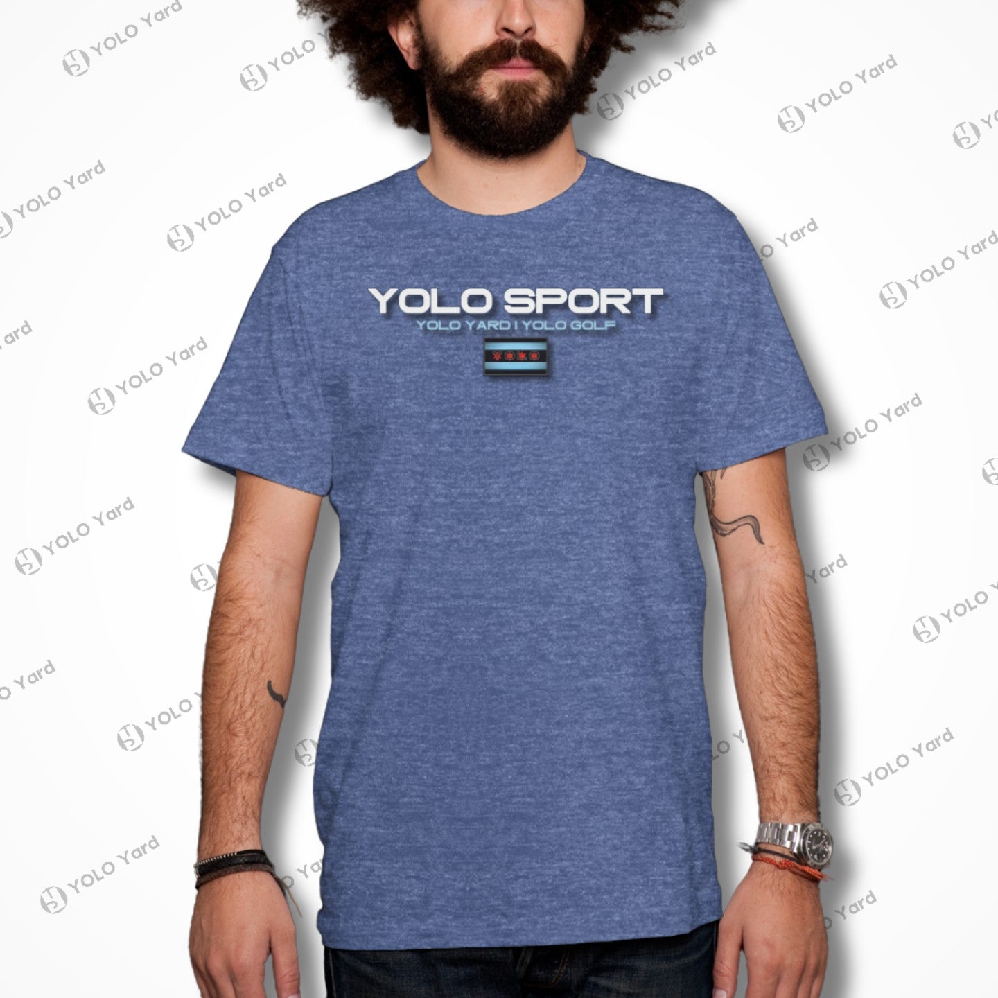 Blue YOLO Sport unisex t-shirt worn by a man. Comfortable and versatile design for casual or activewear.