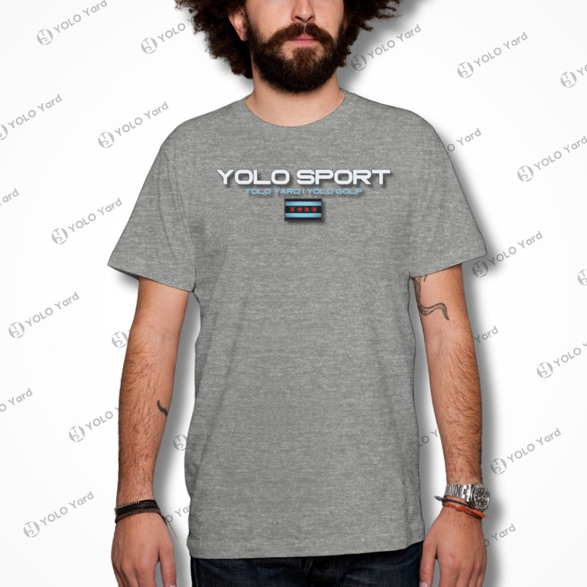 Light gray YOLO Sport unisex t-shirt worn by a man. Minimalist and versatile design for athleisure or casual wear.