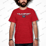 Red YOLO Sport unisex t-shirt worn by a man. Lightweight and breathable fabric for casual or active use.