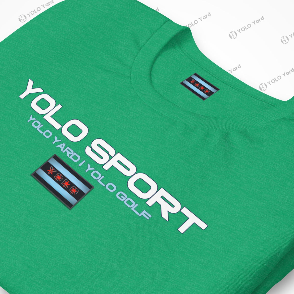 Close-up of a green YOLO Sport t-shirt featuring a bold logo and Chicago flag-inspired design. Lightweight and comfortable.